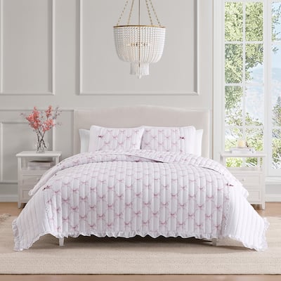 Maisy Bows Mauve White All-Season Embellished Ruffle Reversible Quilt Set - Full/Queen