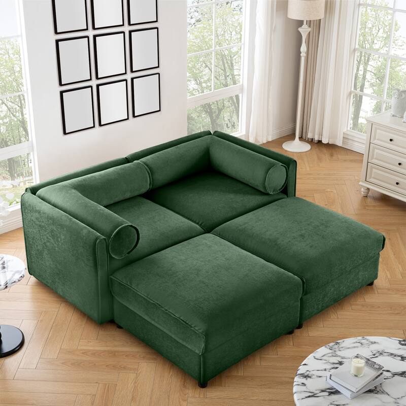 Modern Chenille 6-Seater Sofa with Ottoman Storage, Hidden Storage, Cylindrical Cushioned Arms and Backrest