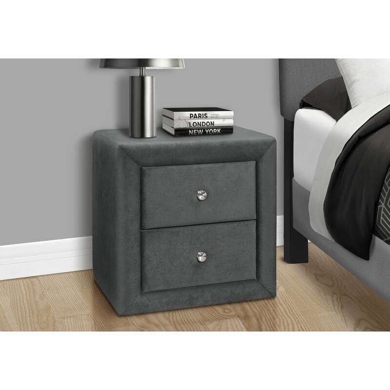 Grey Velvet Upholstered Nightstand with Two Drawers