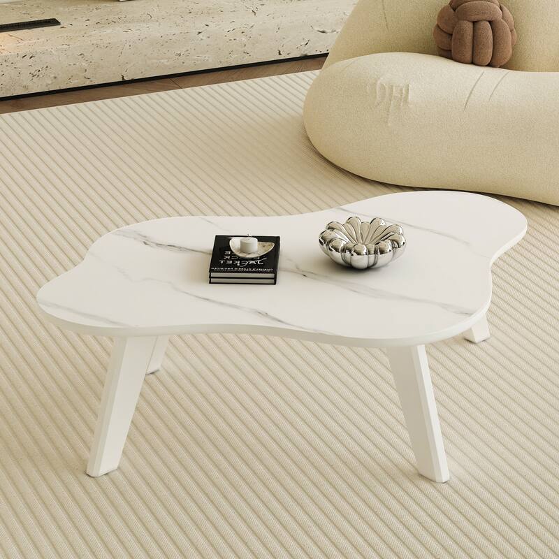 Modern Minimalist Imitation Marble Tabletop Coffee Table. Solid Wood Spray Painted Desk Legs, Cloud Shape
