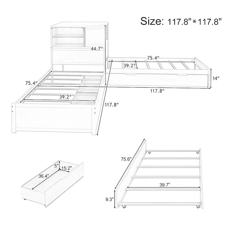 3-in-1 L-Shaped Twin Platform Bed with Trundle, LED-Lit Storage Hub & Built-In Corner Desk by Harper&Bright Designs