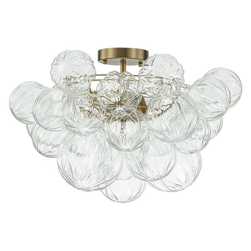 Brass 3-Light Faceted Glass Globe Cluster Bubble Semi Flush Mount