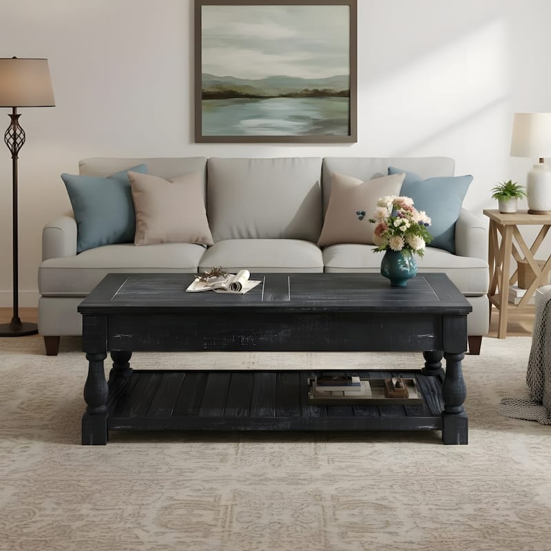 Retro Lift-Top Coffee Table with Hidden Compartment & Lower Shelf - Antique Black