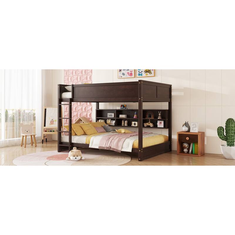 Roomfitters Queen Over Queen Bunk Bed with Storage Cabinets and Charging Station, Solid Pine Wood Bunk Bed