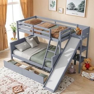 Twin over Full Rubber Wood Bunk Bed with Slide, Drawers