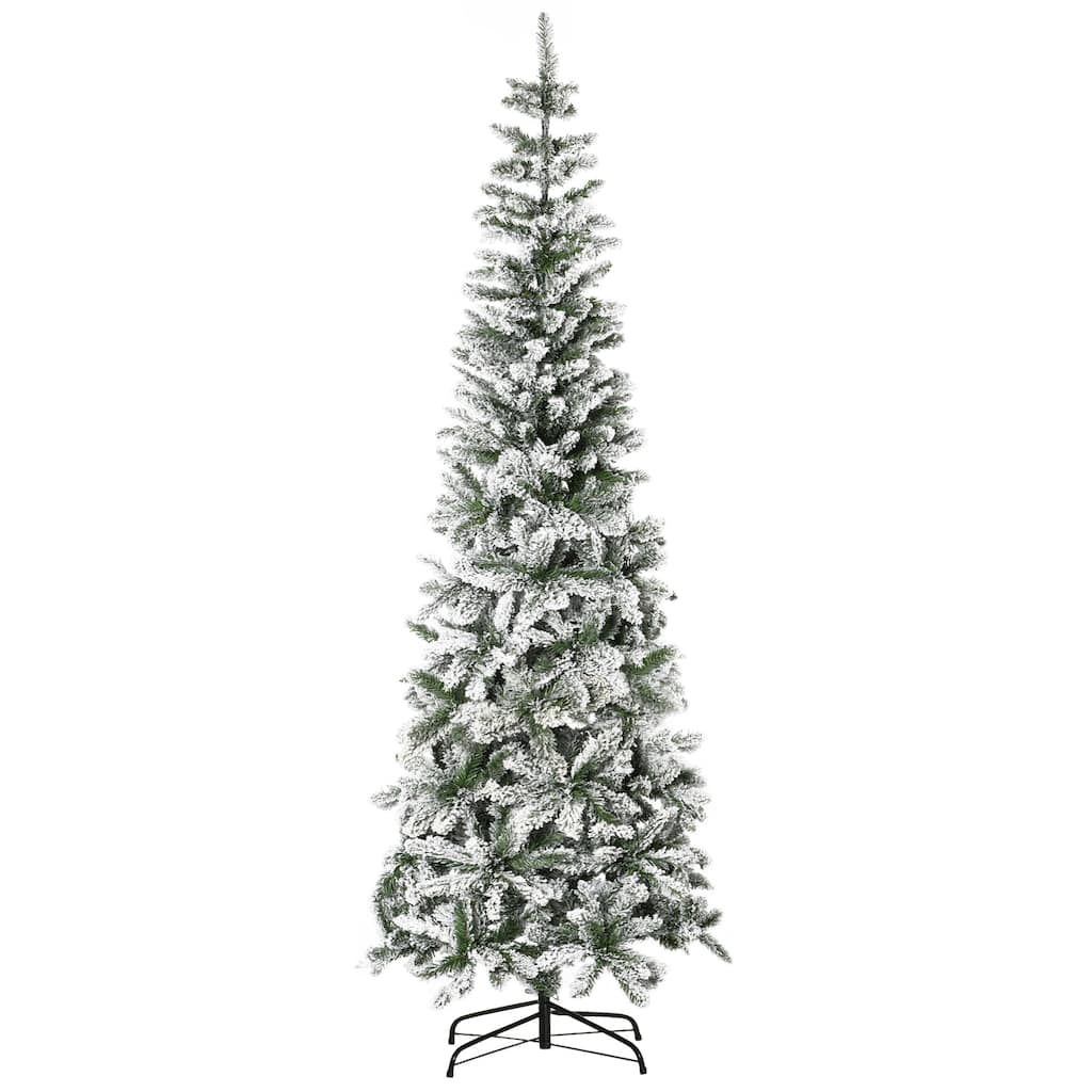 7.5ft Unlit Snow-Flocked Slim Pine Artificial Christmas Tree with Realistic Branches and 668 Tips - Green
