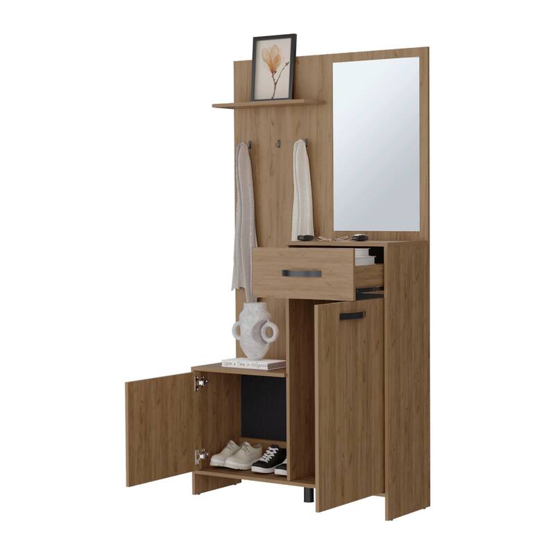 Tall Hall Tree with Mirror, Multi-Shelf Storage, Drawer, and Adjustable Legs for Organized Entryways