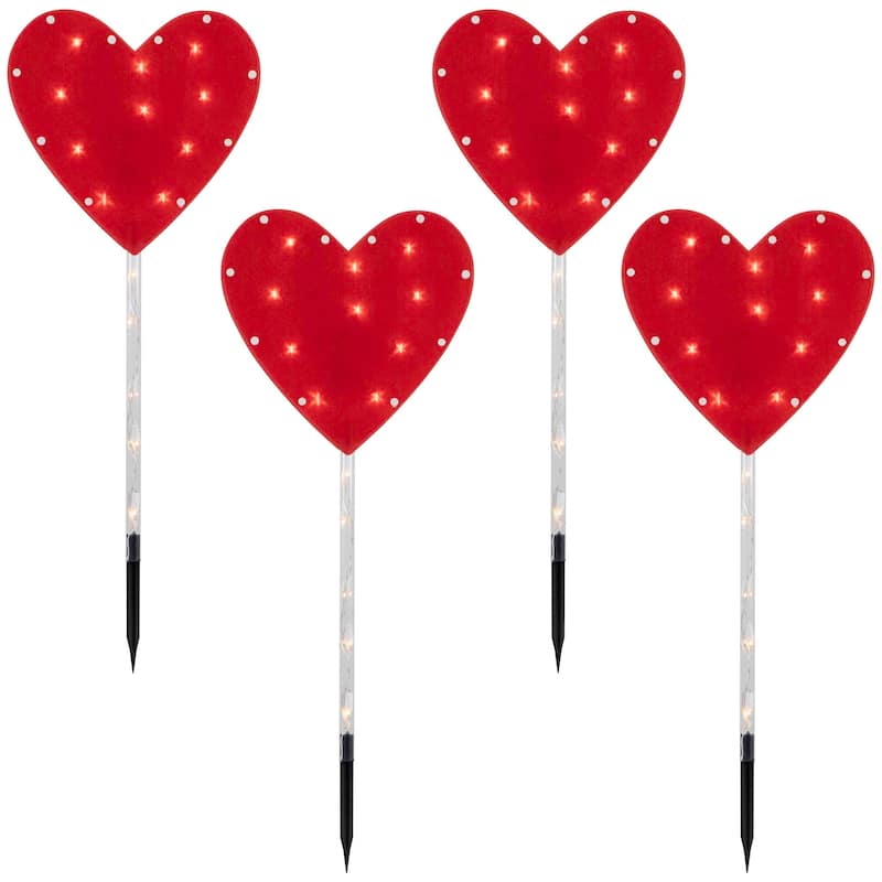 4ct Red Heart Valentine's Day Pathway Marker Lawn Stakes, Clear Lights