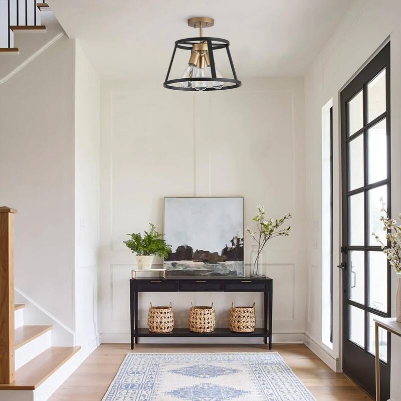 Matte Black 3-Light Openwork Metal Drum Shade Semi-Flush Mount Ceiling Light Fixture