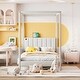preview thumbnail 38 of 39, Canvas-upholstered Canopy Bed - Platform Wingback Bed Frame with USB, Type-C Ports Headboard, 4 Canopy Columns, 2 Sides Pocket