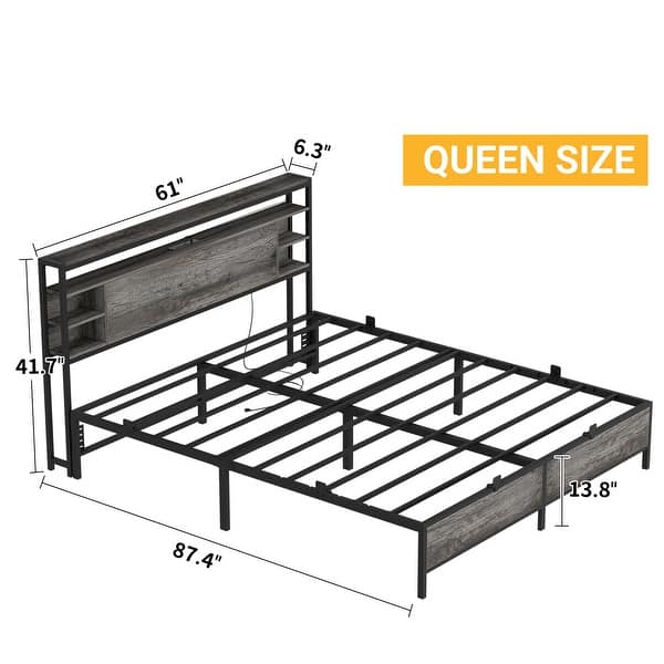 dimension image slide 5 of 11, Bed Frame with Charging Station and RGB LED Lights, Sturdy Platform Bed with Storage Headboard,