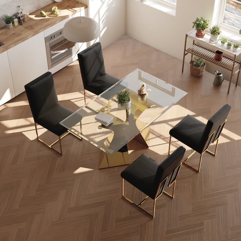 Luxury Gold Dining Table Set with 63 inch Glass Dining Table and White Leather Dining Chairs