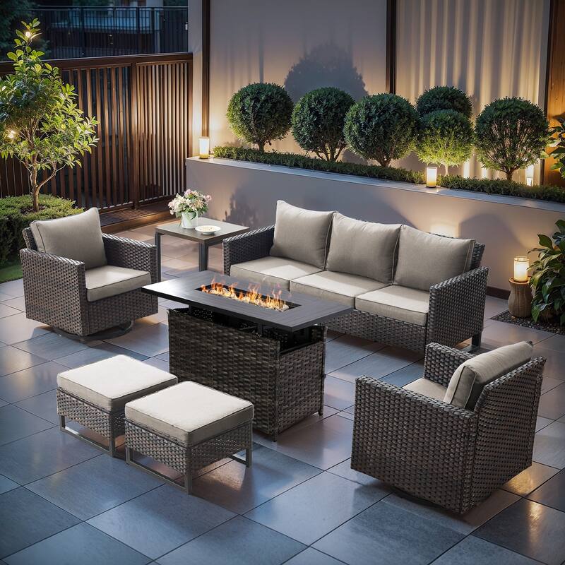 Outdoor Grey Wicker Fire Pit Table with Sofa Swivel Chairs Ottoman - Beige Cushion - Brown Wicker Sofa Set w/ Grey Wicker Fire Table