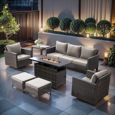Pocassy Sofa Chairs with Grey Wicker Fire Table - Brown Wicker Sofa Set w/ Grey Wicker Fire Table