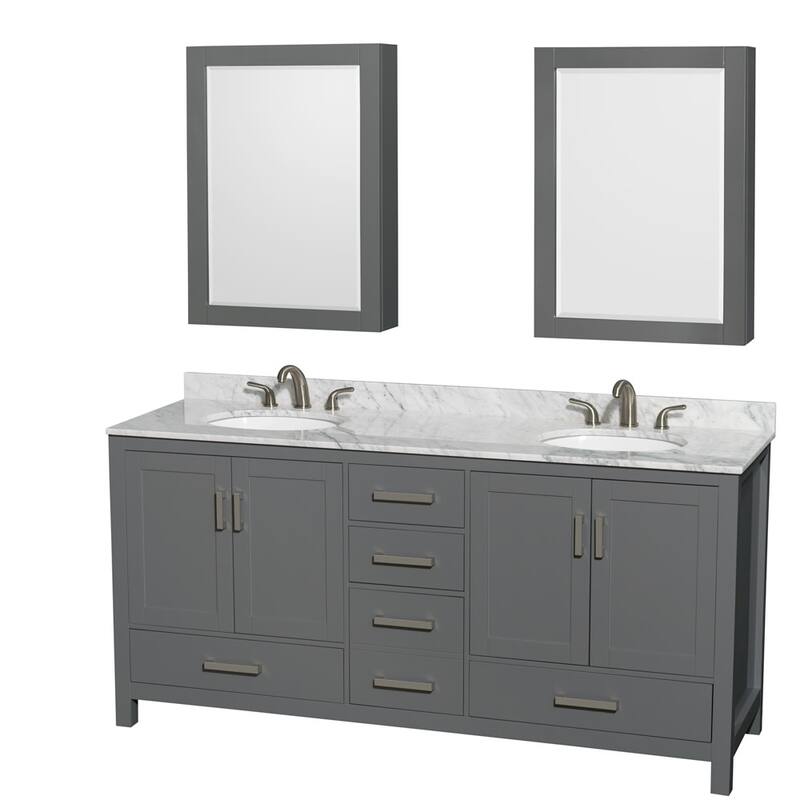 Wyndham Collection WCS141472DUNOMED Sheffield 72" Free Standing Double - Dark Gray / White Carrara Marble Top / Brushed - Steel Finish