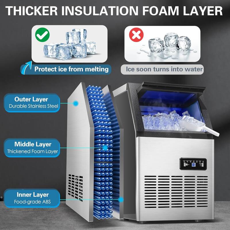 Commercial Ice Maker Machine 110LBS/24H Stainless Steel Freestanding 28LBS Storage Capacity Self-Cleaning 2 Water Inlet Modes