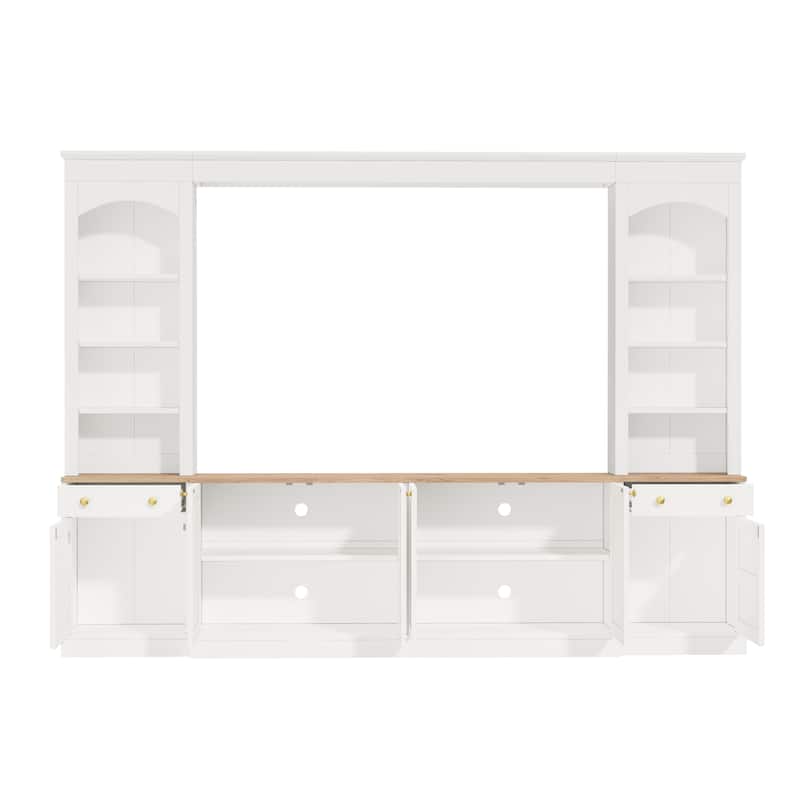 Farmhouse Arched Entertainment Center Wall Unit with Bookshelf,for TVs Up to 70",106"Multi-Functional Media Console with Drawer