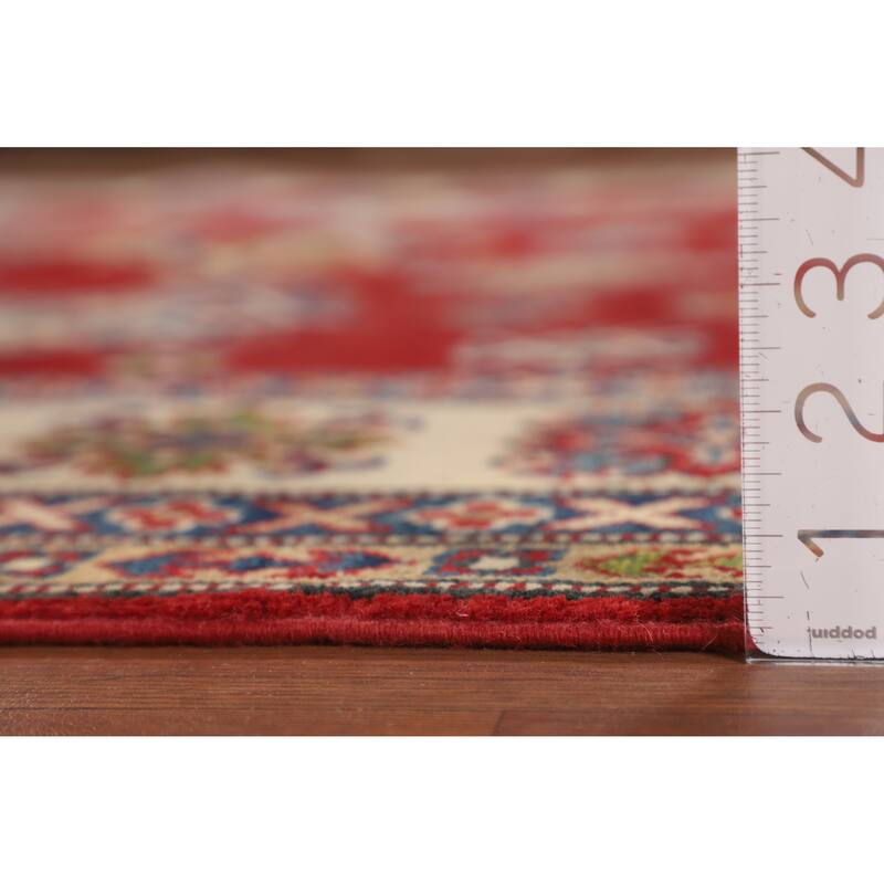 Geometric Kazak Area Rug Hand-Knotted Oriental Red Wool Carpet - 6'6" x 9'11"