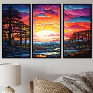 Majestic Sunset Over The Woods Stream - Forest River Wall Art Set Of 3 ...
