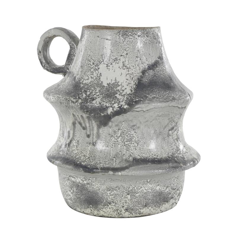 Paper Mache Distressed Fluted Decorative Vase with Light Gray Texturing and Ring Handle - Light Gray - Roche River Decor