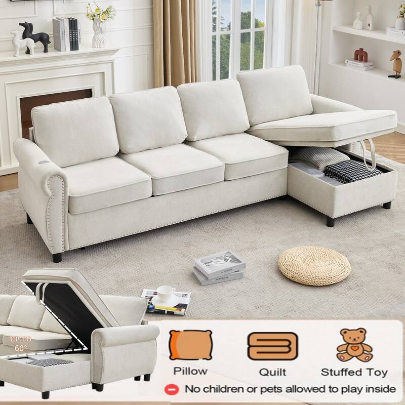 106.5" L-Shaped Flannelette Sectional Sofa with Pull-Out Bed