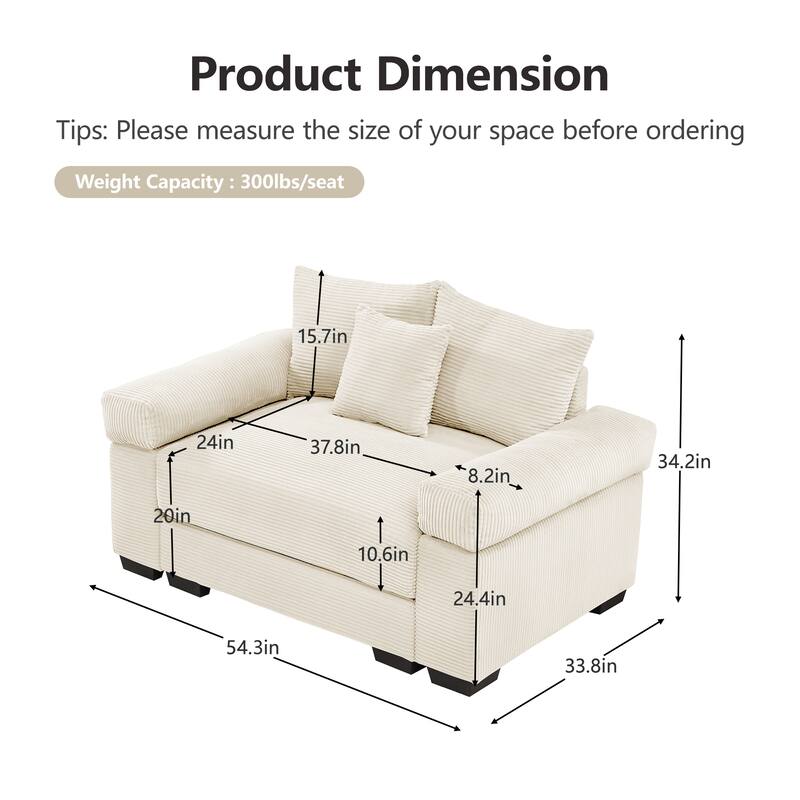 Oversized Accent Chair, 54.3" Corduroy Fabric Single Sofa with Pillow, Modern Upholstered Square Armchair Cozy Reading Chairs
