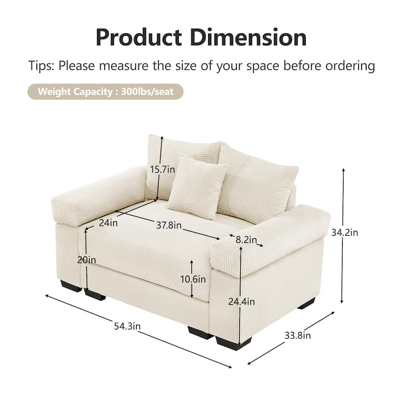 Roomfitters 54.3" Oversized Cloud Modular Sofa, Deep Seat Corduroy Couch with Extra-Thick Armrests