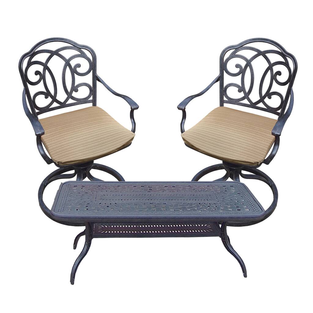 Black and Brown Outdoor Swivel Rocker 3 Pc Bistro with Long 46-in Table and Cushions