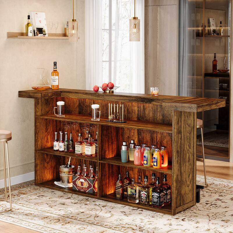 Industrial Wood Bar Table Liquor Cabinet with Wine Glass Holder