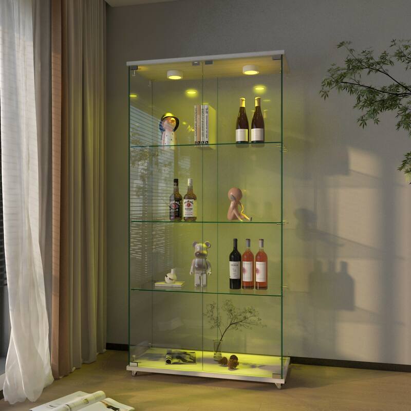 Modern Glass Display Cabinet with LED lights, Quick-assembly Antique Cabinet, Tempered Glass Bookshelf