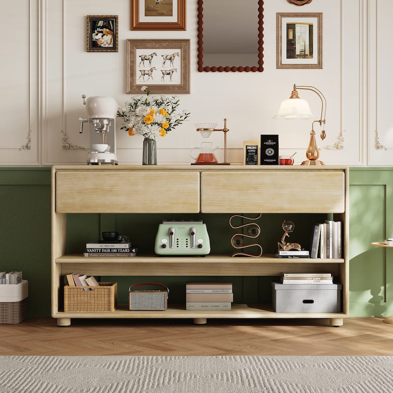 Vintage Entryway Table with Drawers and Shelves - Natural Wood Wash