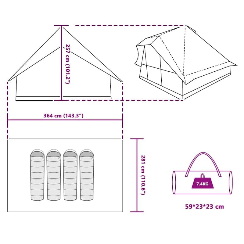 vidaXL Family Tipi Tent Folding with Roof Green 364 x 281 x 257 cm - 143.31 x 110.63 x 101.18 in