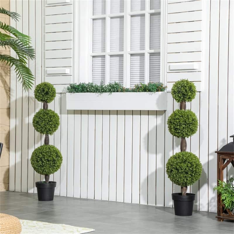 Set of 2 Green Artificial Boxwood Topiary Plants with Three Ball Design and Cement Base for Indoor Outdoor - 7.7" x 45.3"