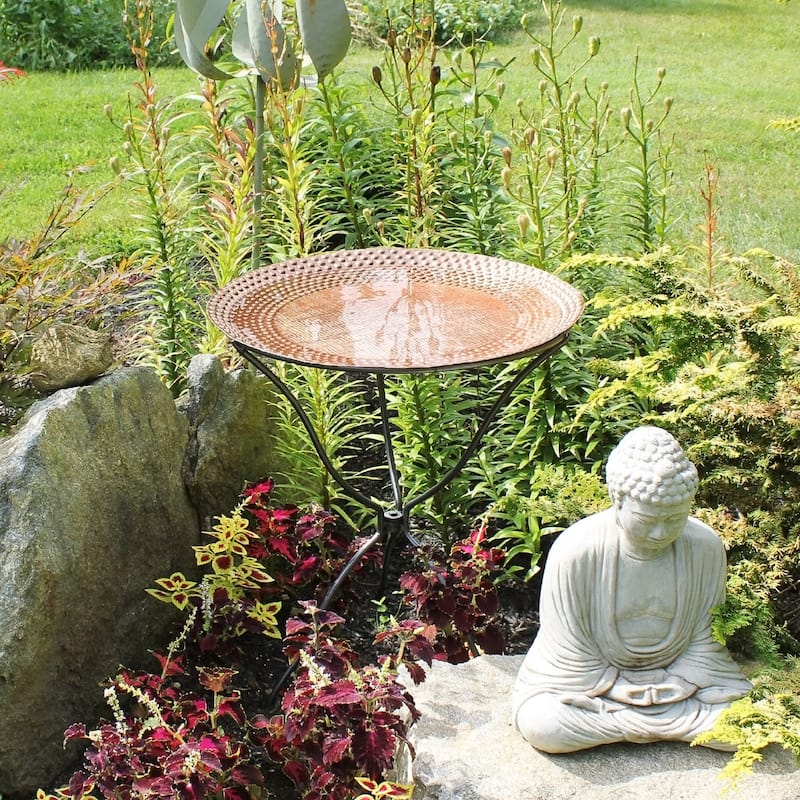 Achla Designs 24"Dia. Round Brass Hammered Copper Birdbath w/Black Wrought Iron Folding Ring Stand