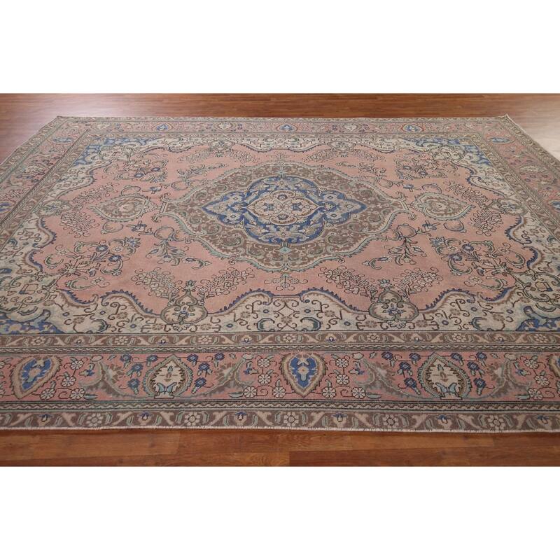 Pink Tabriz Persian Vintage Area Rug Hand-Knotted Wool Carpet - 9'7" x 12'4"