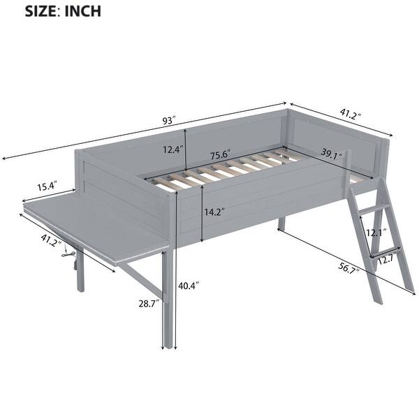 dimension image slide 1 of 2, Low Loft Bed with Integrated Desk and LED Lights, Wood Gaming Loft Bed Frame with Angled Ladder, for Kids Girls Boys