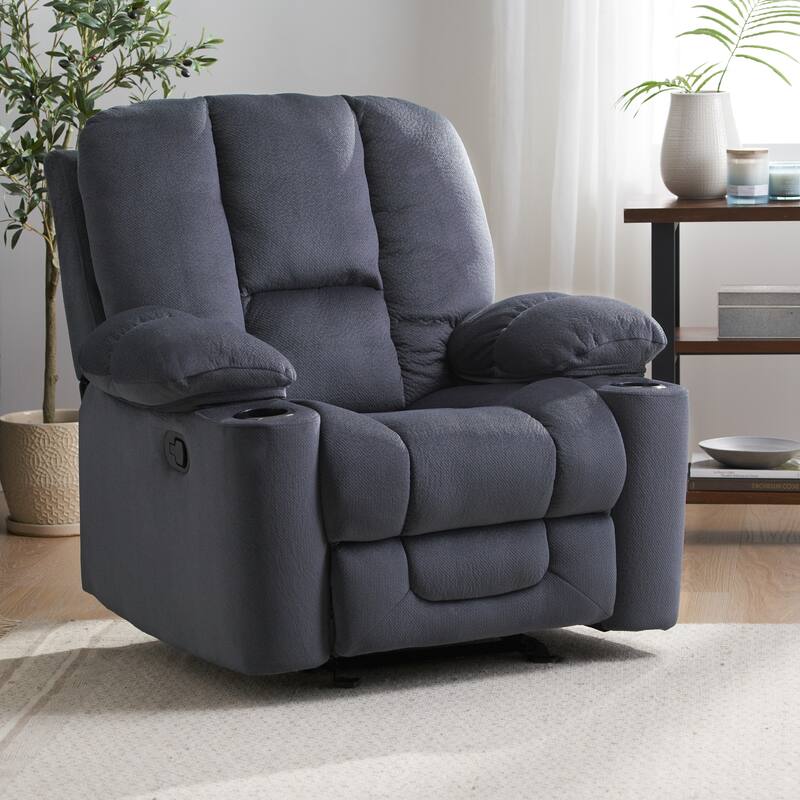 Stylish Manual Recliner with Soft Fabric Upholstery, Plush Padding, and Dual Cup Holders