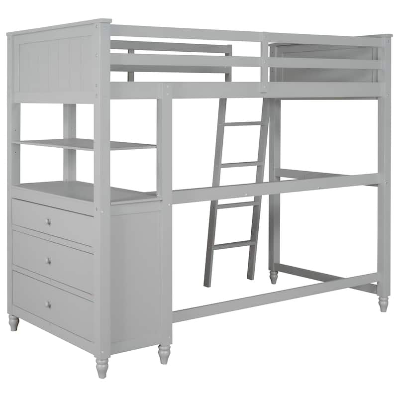 Twin Size Wooden Loft Bed with Desk, Drawers and Shelves, Space Saving Bedroom Loft Storage Bed Frame, Grey