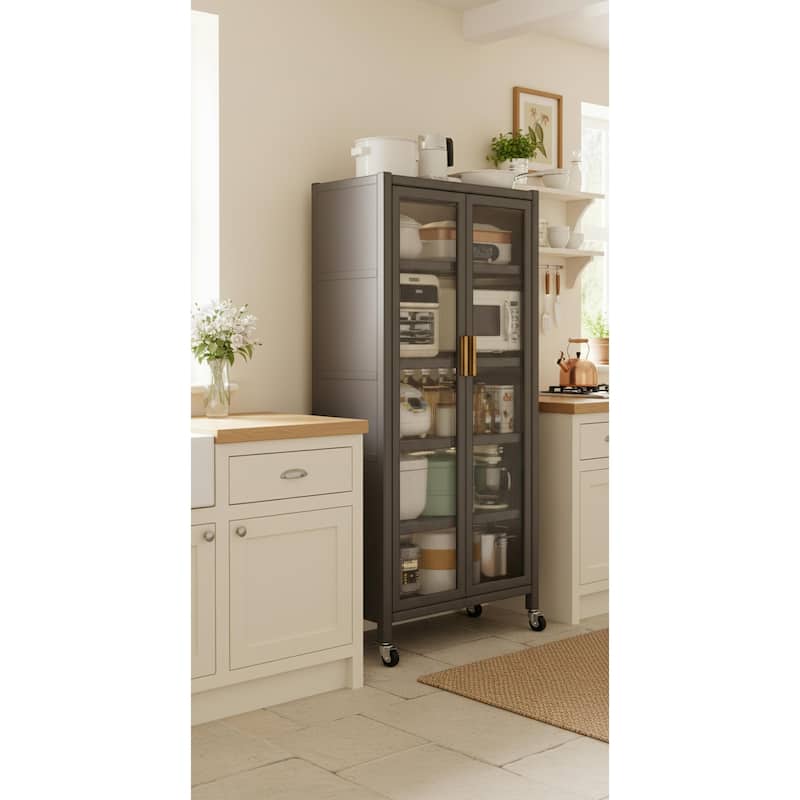 Homy Casa Grey Kitchen Pantry Cabinet Glass Doors, Drawers & Wheels