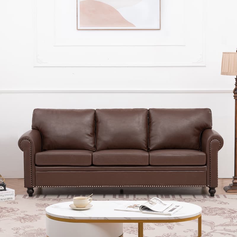 3-Seater Sofa with Nail Trim, PP Cotton Backrest, Birch Legs for Modern Living - Brown