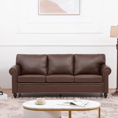 Mid Century Modern 3-Seater PU Fabric Sofa with Roll Arm, Tufted Sofas with Deep Seat for Living Room, Bedrooms, Apartment