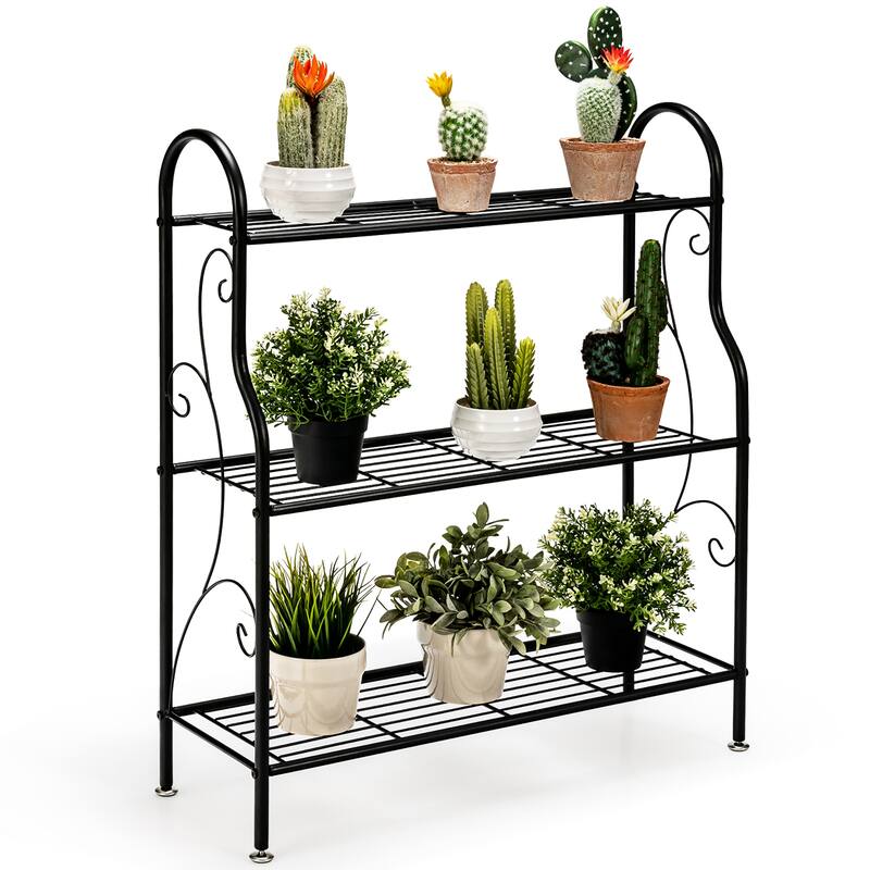 3 Tier Metal Plant Stand Plant Display Rack with Adjustable Feet - Black