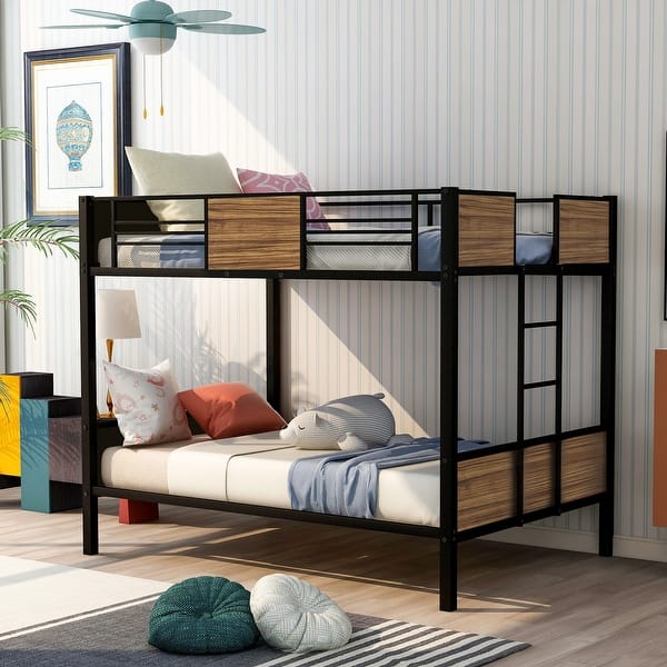 slide 2 of 27, Full-over-Full Bunk Bed Modern Style Steel Frame Bunk Bed with Safety Rail, Built-in Ladder for Bedroom Brown