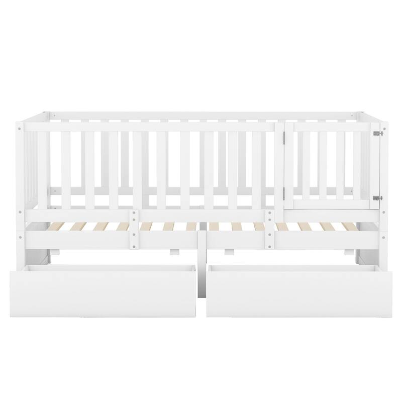 Modern Wood Daybed with Fence Guardrails and 2 Drawers