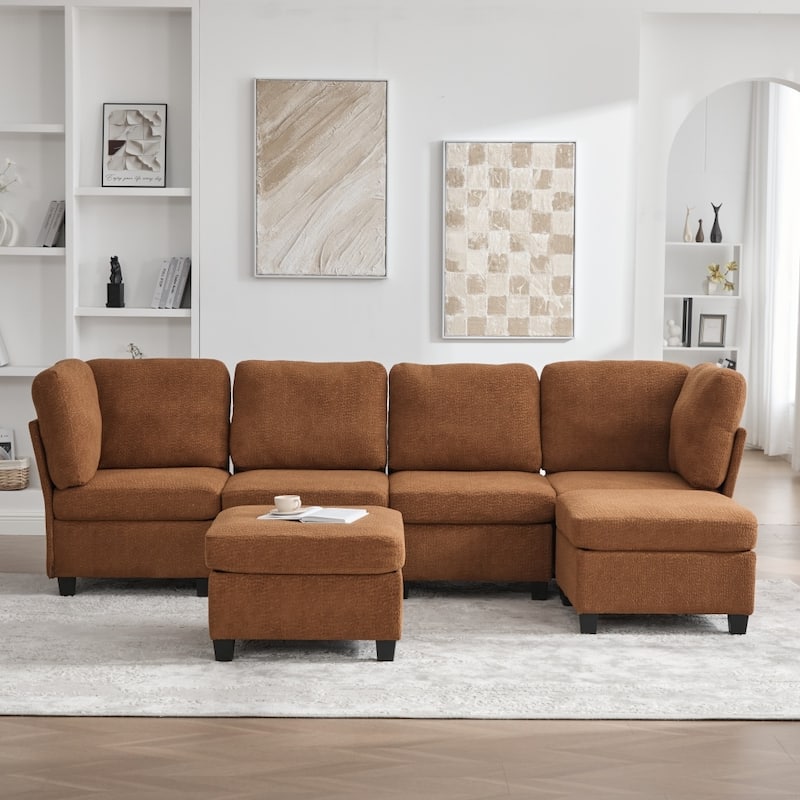 Freely Combinable Convertible Modular Sectional Sofa with Storage Ottomans - Orange