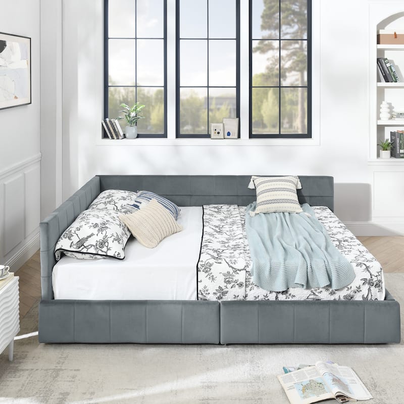 Mid-Century Queen Velvet Daybed with Storage Drawers, Tufted Upholstered Sofa Bed Frame with Backrest & Armrest