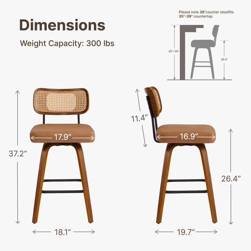 Spruce & Spring 26" Swivel Bar Stool with Bentwood Back or PE Rattan Back