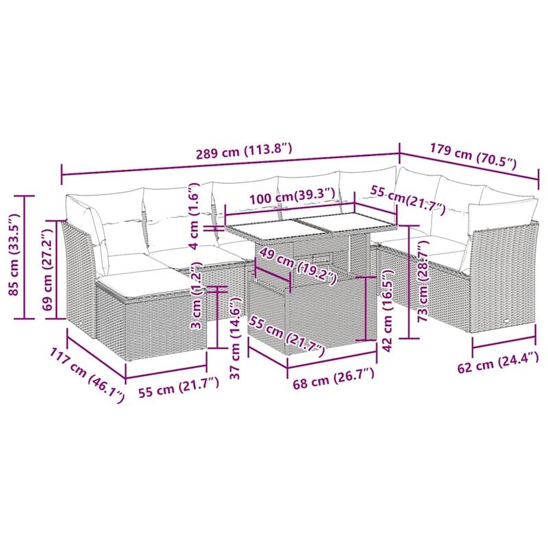 vidaXL Patio Sofa Set with Cushions Modular Outdoor Seating 9 Piece Poly Rattan - 24.4 x 24.4 x 27.2