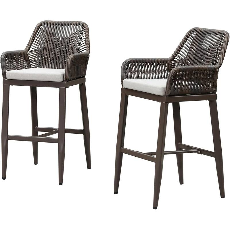 PURPLE LEAF Outdoor Bar Stools Chair Set of 2, All Weather Rattan and Aluminum Patio Bar Stool with Cushion - Coffee-High stool
