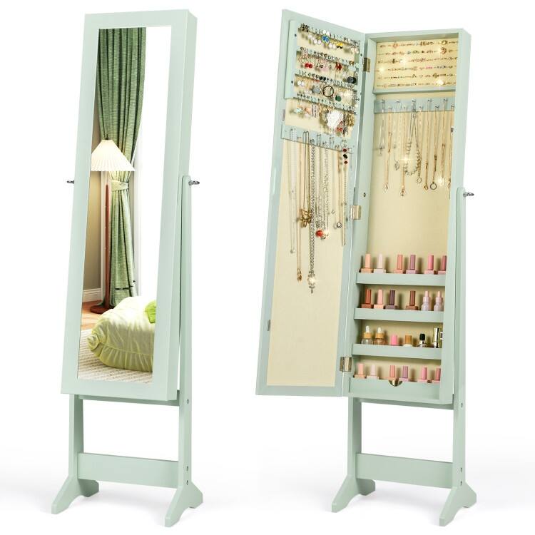 Mirrored Standing Jewelry Cabinet Storage Box - 13" x 14.5" x 56" (L x W x H) - Green